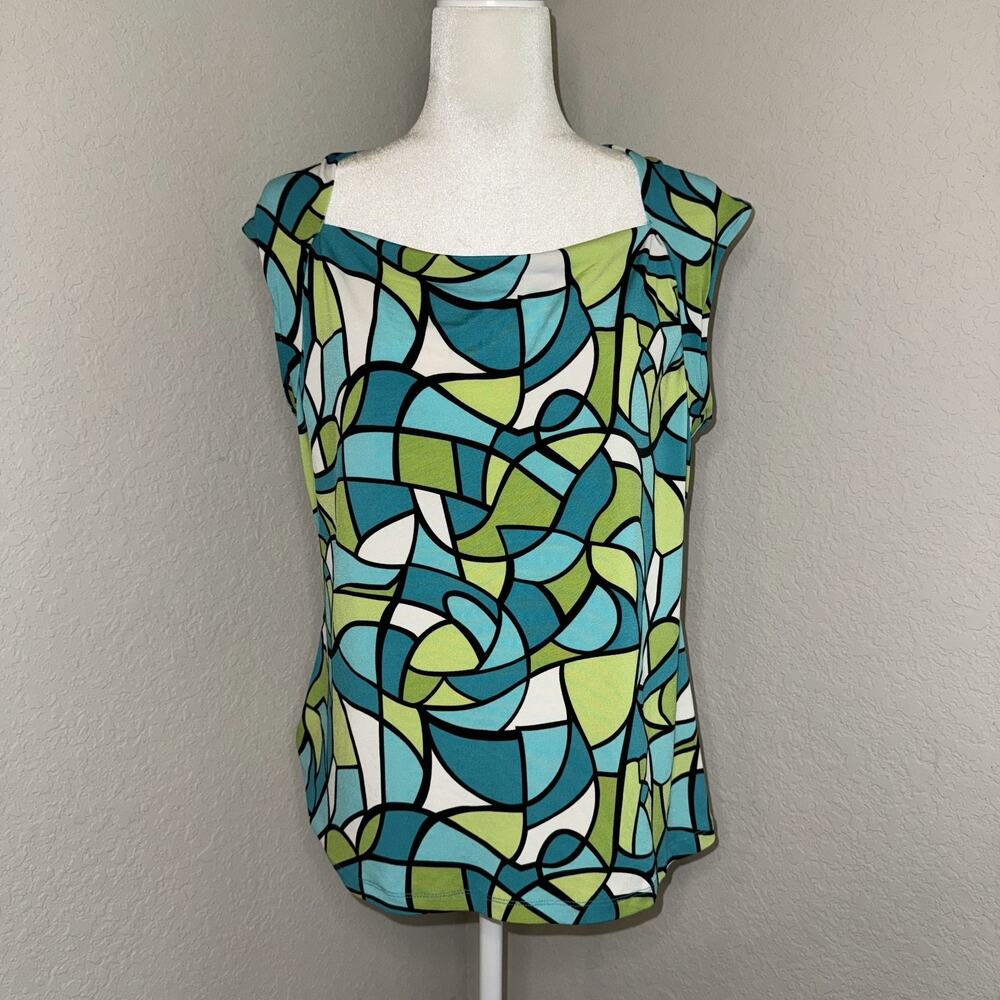 Briggs New York Blouse Top Womens Large Green Blue Teal Geometric Print Y2K Boho